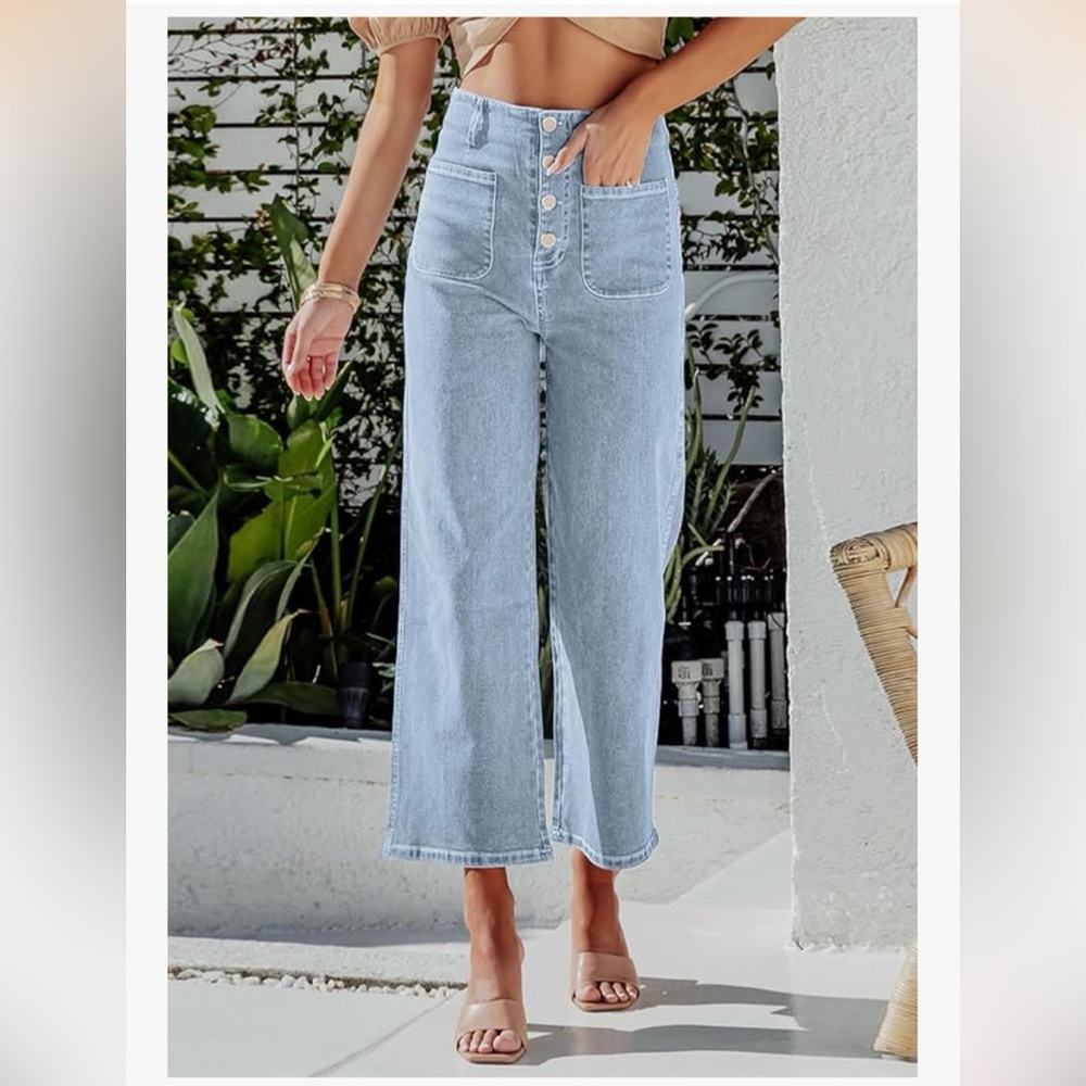 Sidefeel Wide Leg Cropped Button Fly Jeans Spring Lightweight Size 12